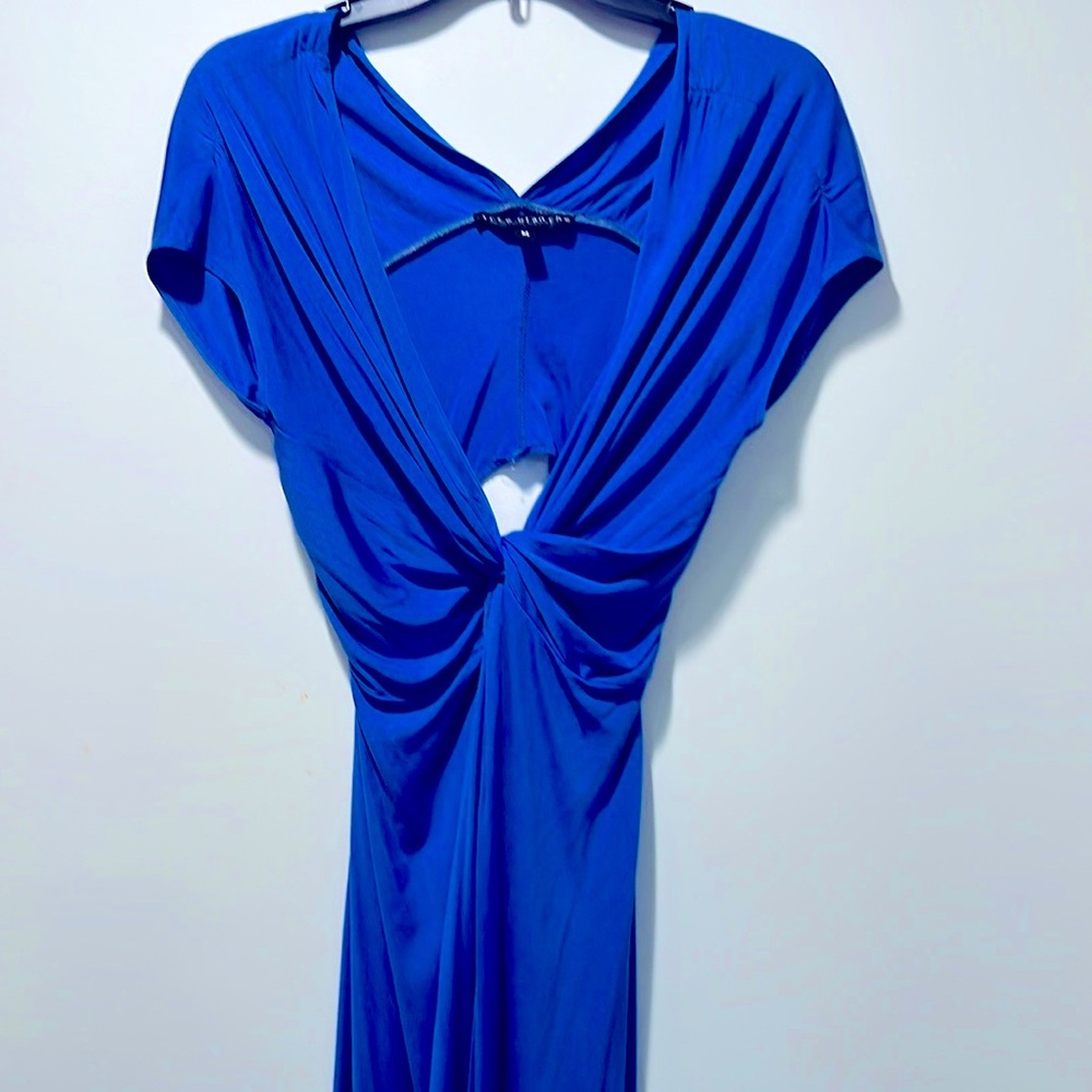 Silk blue 100% silk stretch Jersey dress, low cut front, Med